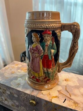 Source Unknown Multicolor Ceramic Relief Beer Stein with Figurine Scene